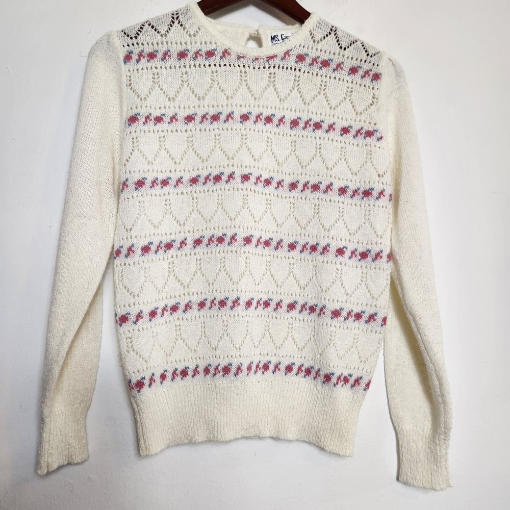 Vintage 80s Pointelle Floral M Sweater Puff Sleeve Cottagecore Grandmacore Ivory
